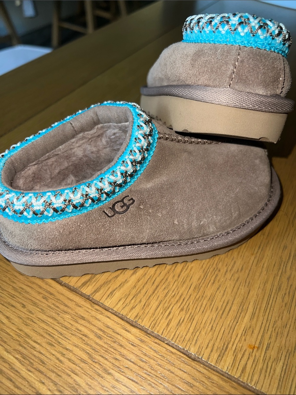Toddler UGG Kids Tasman Suede Slippers with Turquoise Trim
